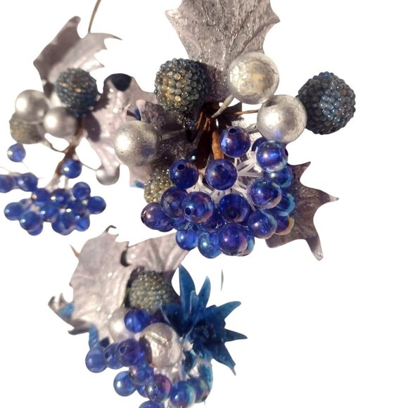 Vintage Set of 3 Blue Silver Holly Berry Sugar Beaded & Rubber Mistletoe 3-4" - Picture 2 of 4